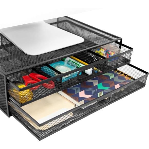 Computer Monitor Stand With Drawers, Metal Mesh Riser and Organizer for Laptops - Picture 1 of 6